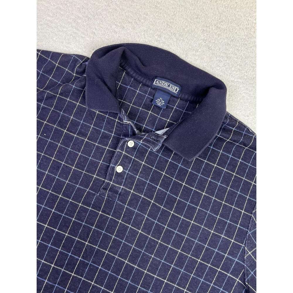 Lands' End Polo Shirt Mens XL Navy Blue Windowpane Check Pique Cotton Knit Peru‎